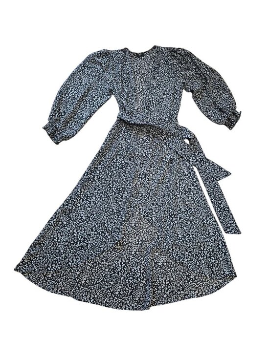 Ela Dresses & Skirts - Ela Floral Midi Dress Black White Puff Sleeve Tie Waist Sheer Size 8.